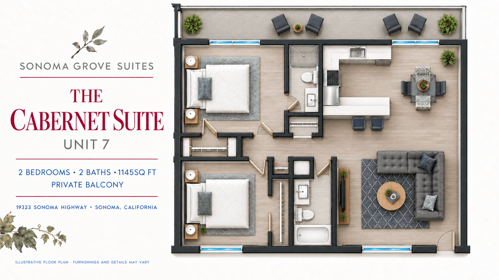 Cabernet Suite floor plan — 2 bedrooms, 2 bathrooms, 1,145 sq ft with private balcony