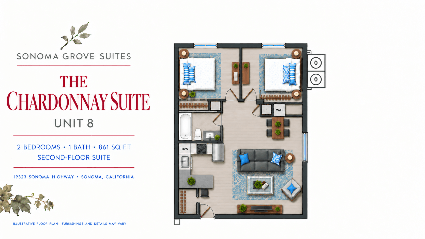Chardonnay Suite floor plan — 2 bedrooms, 1 bathroom, 861 sq ft second-floor suite