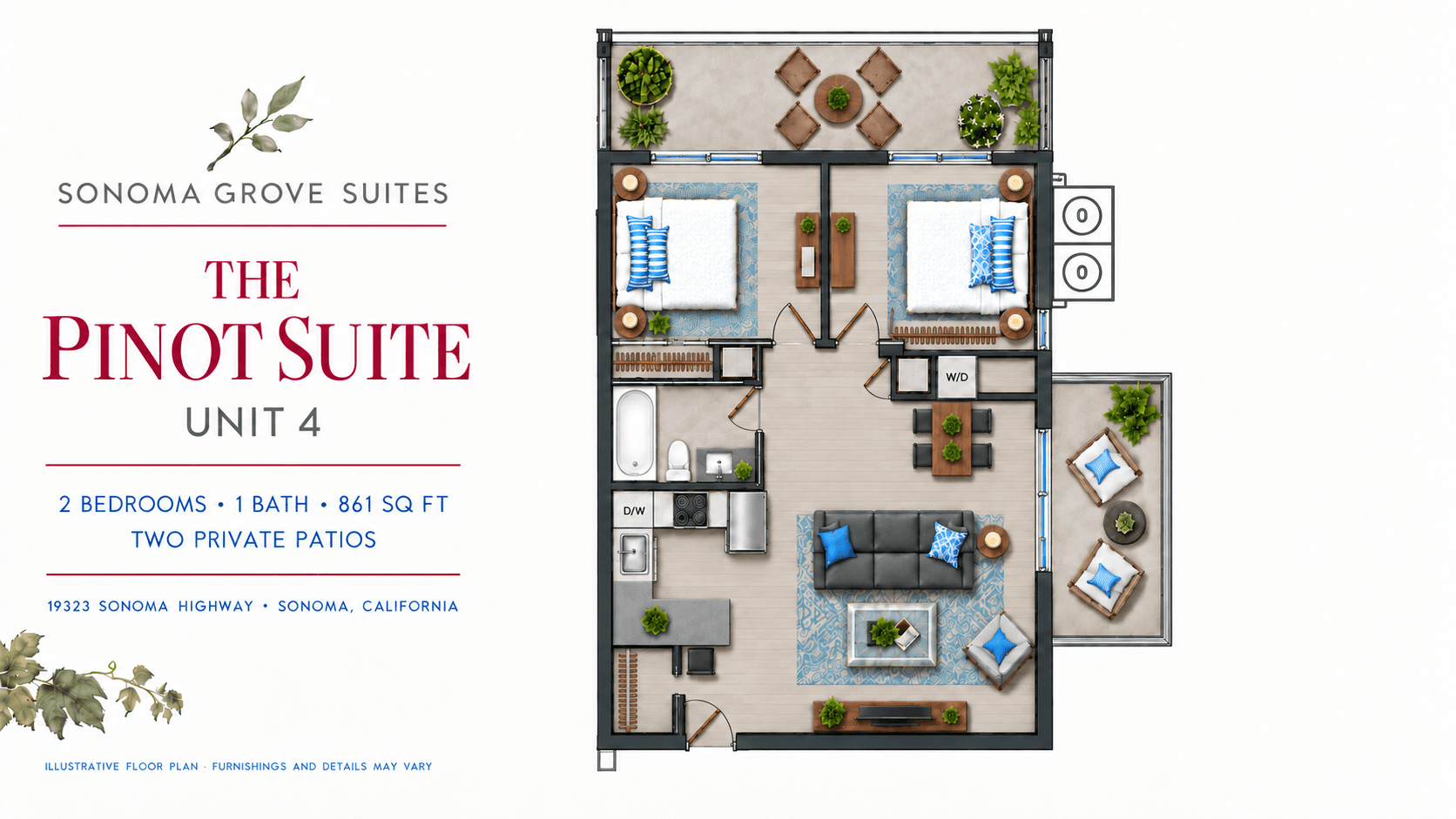 Pinot Suite floor plan — 2 bedrooms, 1 bathroom, 861 sq ft with two private patios
