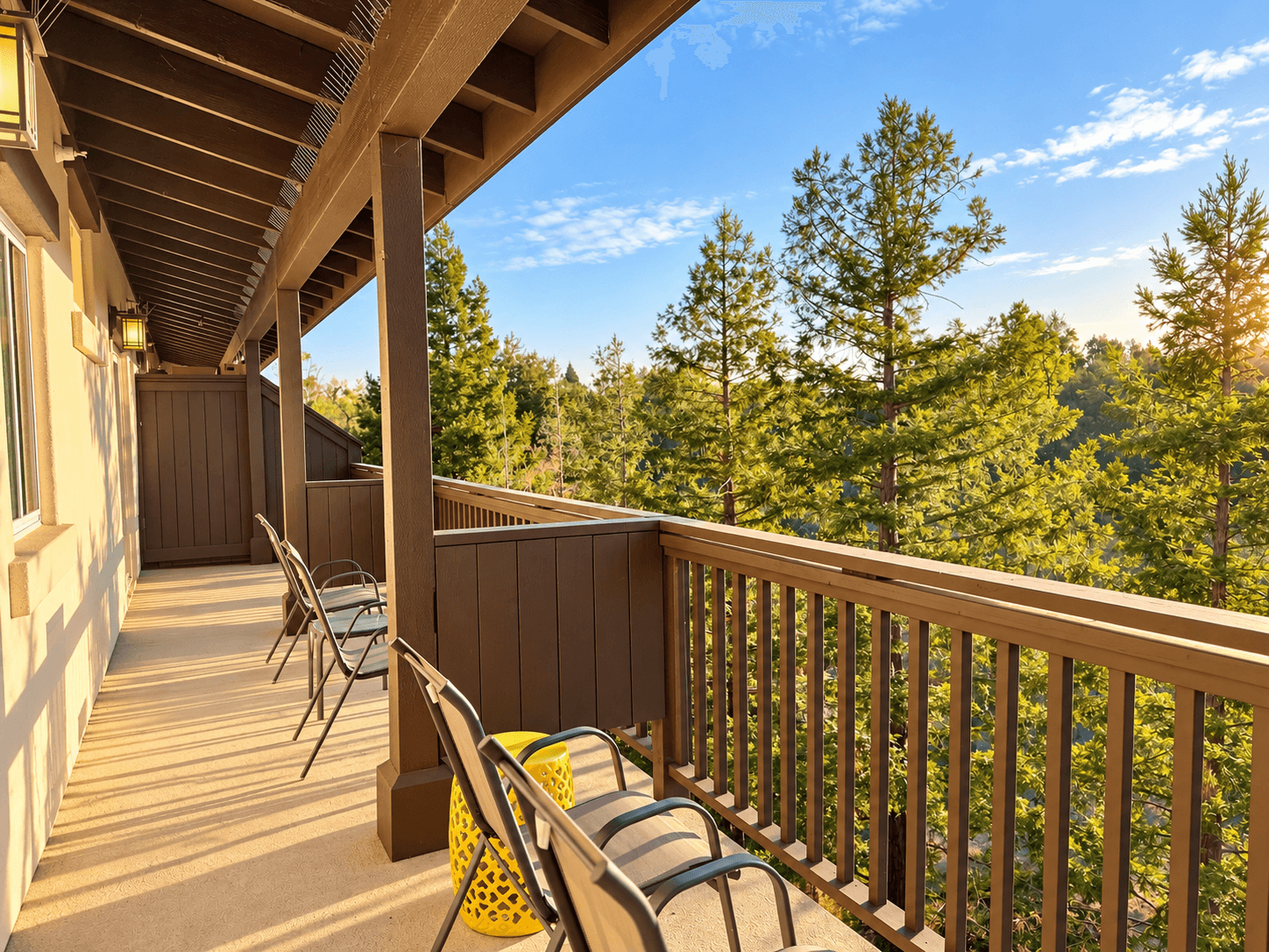 Private covered balcony at Cabernet Suite with wooded Sonoma Valley view