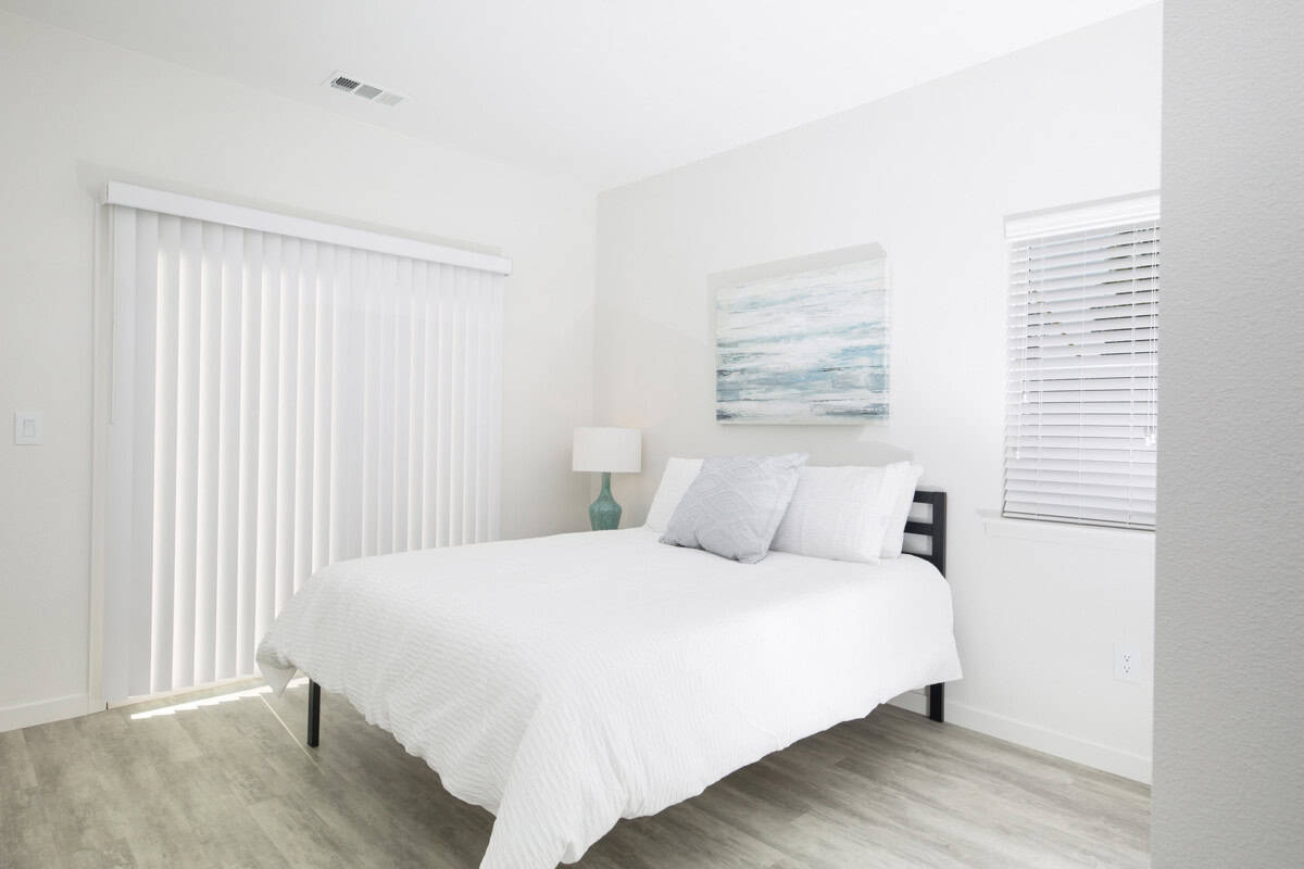 Bedroom 1 with sliding door to patio, overlooking olive orchard and trees.