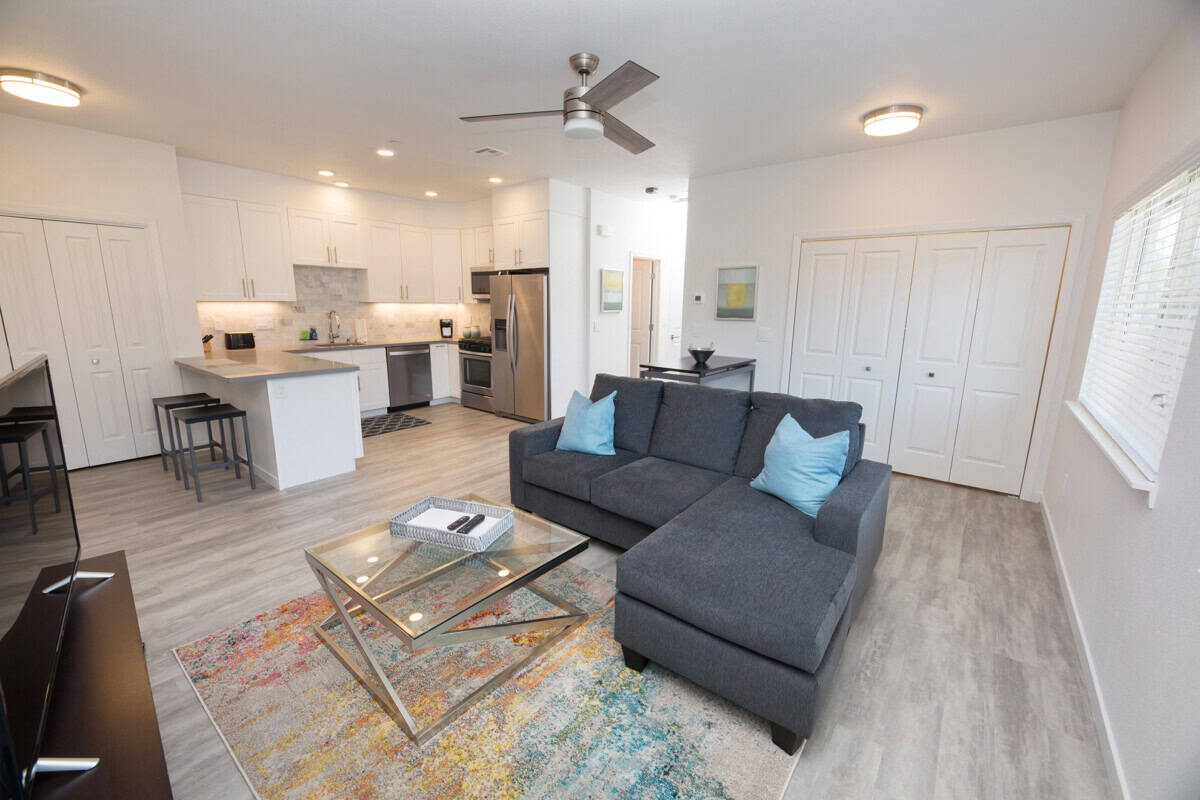 Sunlit living room with smart TV, kitchen, bar seating, and laundry.