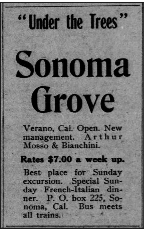 1909 newspaper ad for Sonoma Grove Resort