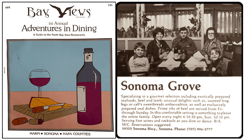 Sonoma Grove Restaurant featured in Bay View Magazine's "Annual Adventures in Dining" with family photo and menu highlights