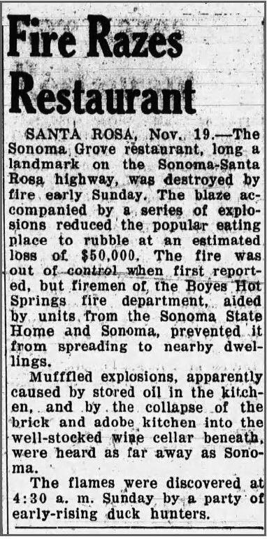 Newspaper announcement of Sonoma Grove fire, 1946