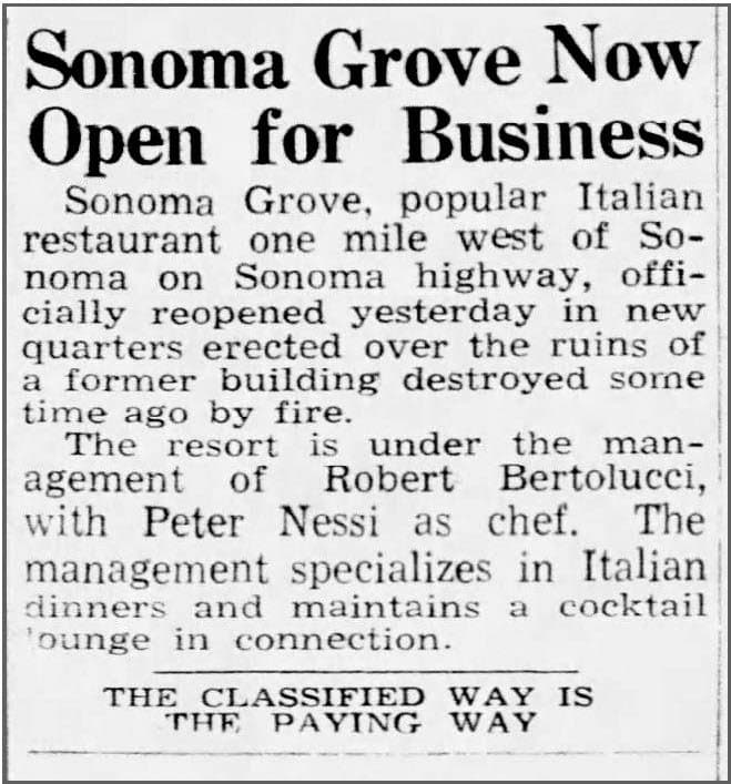 Announcement of Sonoma Grove reopening, 1947